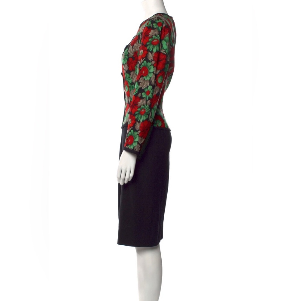 Vintage early 1980s Adele Simpson Black Floral Print Red & Green Sheath Dress 14 - Picture 2 of 4